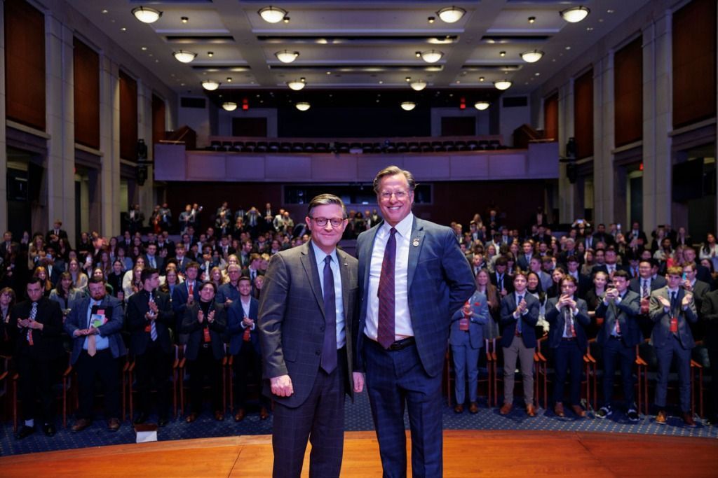 U.S. Speaker of the House Mike Johnson and Liberty Senior VP Dave Brat with Liberty University students at the Future Leaders Symposium, U.S. Capitol, March 21, 2024