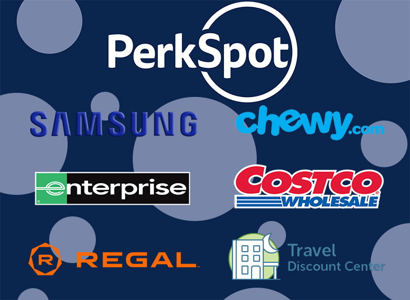 PerkSpot offers discounts on major brands like Samsung, Chewy, Enterprise, Costco, Regal, and Travel Discount Center.