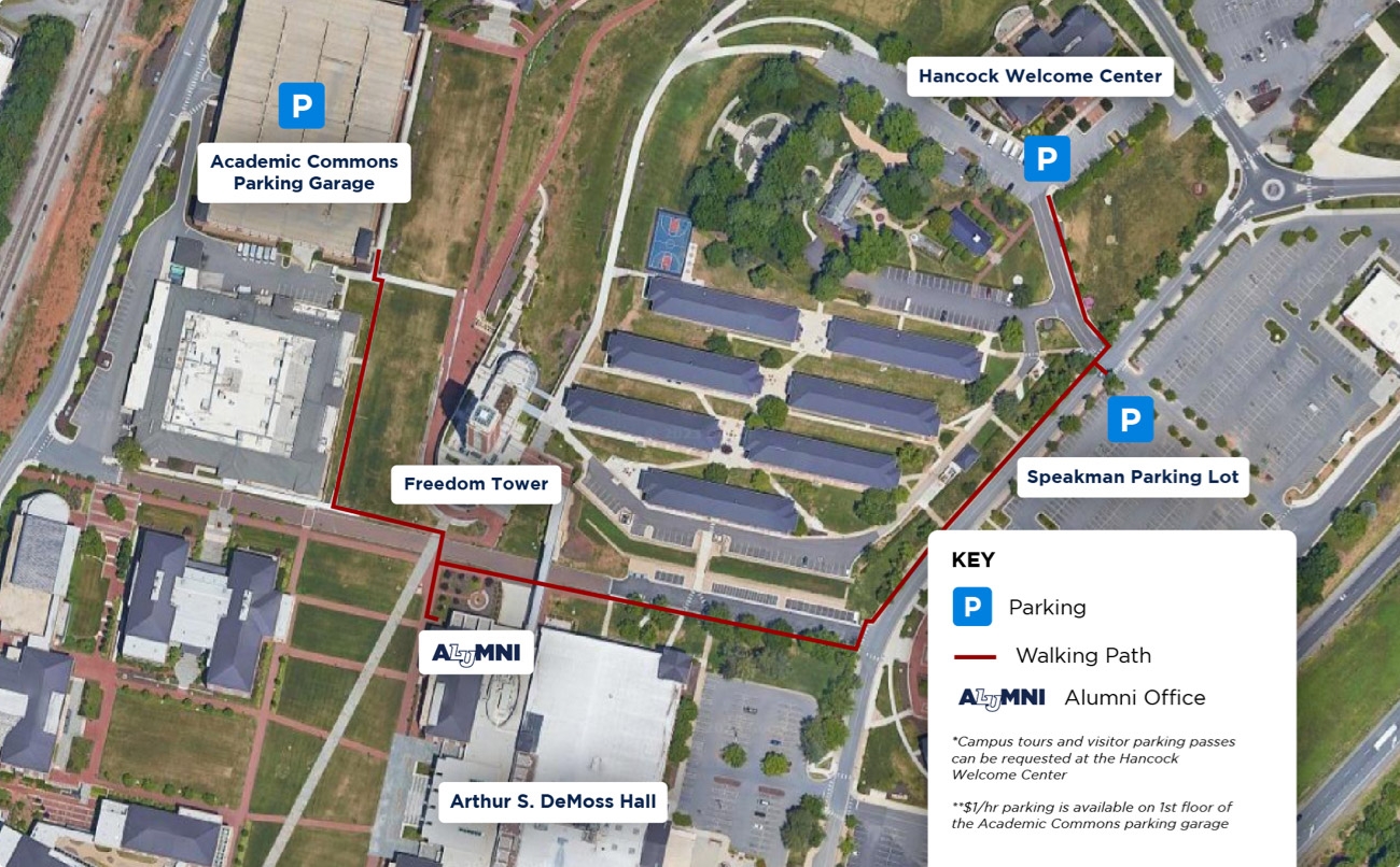Map showing walking paths to the Alumni Office from parking locations at the Academic Commons parking garage, Hancock Welcome Center, and Speakman parking lot.