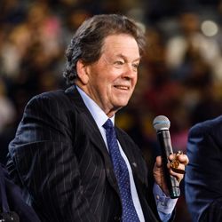 American economist and author Art Laffer speaking to a crowd at Liberty University.