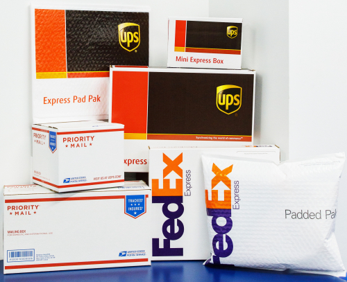 Display of our various shipping services offered. UPS, FedEx, USPS.