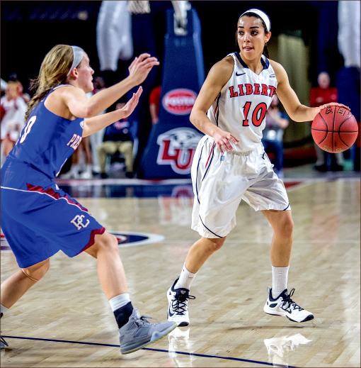 Buckets — Senior guard Jaymee Fisher-Davis scored two more 3-point field goals to put her at 125 in her career at Liberty. Photo credit: Michela Diddle