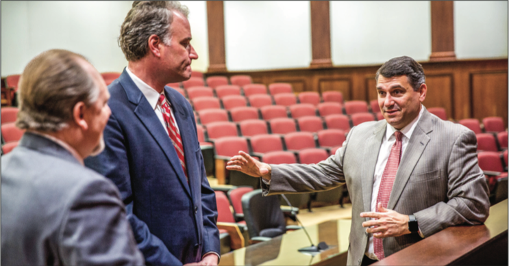 COLLABORATE — Dr. Shawn Akers (left), Robert Hurt (middle) and B. Keith Faulkner announced they are partnering together to start Liberty’s Center for Law and Government. Photo Credit: Kevin Manguiob