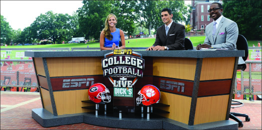 on Camera — Ponder hosts “College Football Live” at Clemson with David Pollack (middle) and Desmond Howard (right). Photo provided