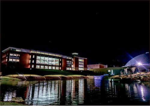 Knowledge — The library was one of the first buildings completed in the $500 million campus reconstruction. Photo credit: Courtney Russo