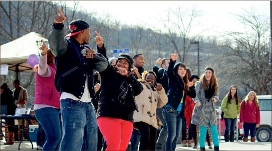 PARTY — Students have fun learning the steps to a dance at the African American History month kickoff Jan. 31. Photo credit: Hannah Lipscomb