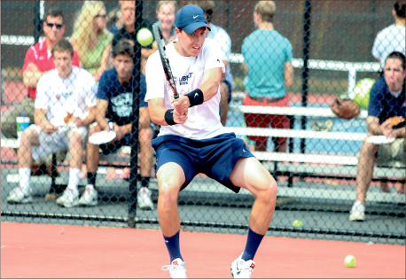 backhand — Shea Thomas is one of the most successful tennis players in Flames singles history and hopes to continue his career professionally after graduation. Photo credit: Leah Stauffer