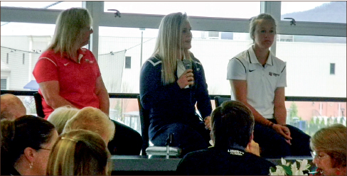 DISCUSSION — Softball Coach Dot Richardson and players Kelby Allen and Katie Zavodny talked about their season. Photo credit: Danae Samms