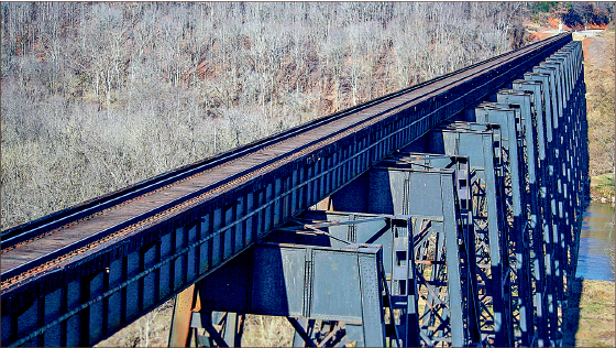 TRESTLE — Approximately 1,800 feet of Norfolk Southern train track runs above the James River, and pedestrians are banned from the track. Photo credit: Alyssa Bockman