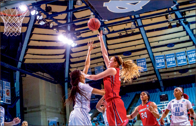 Haunting the Heels — Redshirt junior Ashley Rinninger led all scorers with 19 points. Photo credit: Kevin Manguiob
