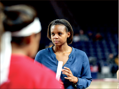 TEACHER — Women’s basketball graduate assistant Joyous Tharrington has made an impact this year by leading the team in Bible studies and assisting in games and practices. Photo credit: Courtney Russo