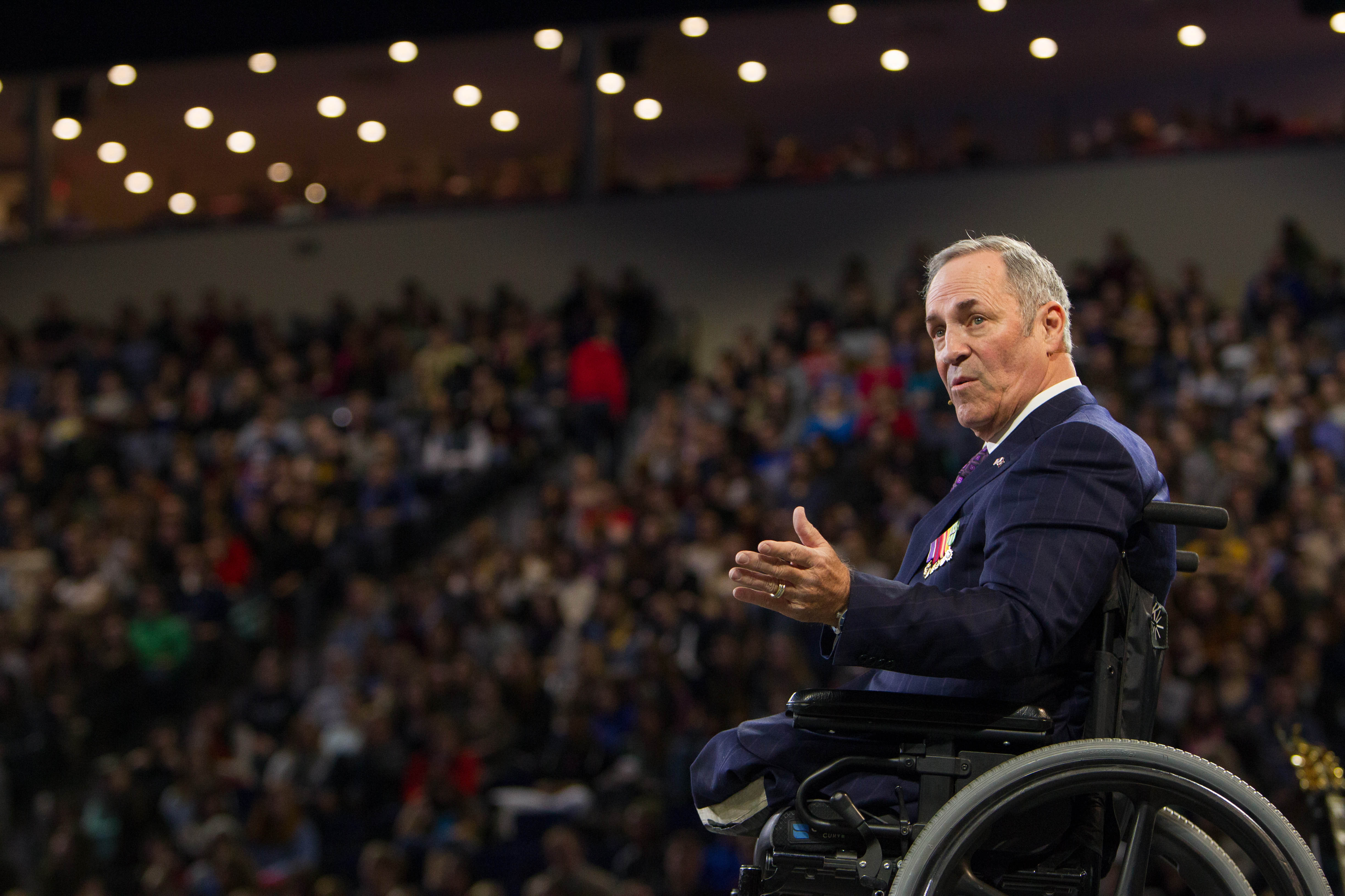 War veteran and evangelist Tim Lee addresses more than 10,000 Liberty students at Convocation on January 23, 2015. Photo credit: Kevin Mangioub