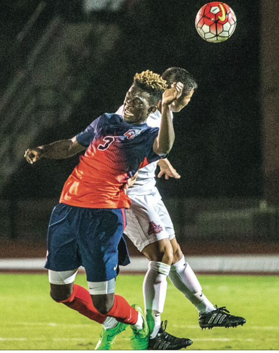 HEADS-UP — Shalom Dutey went up for a header against American Friday, Sept. 16 at Osborne Stadium. Photo credit: Michela Diddle