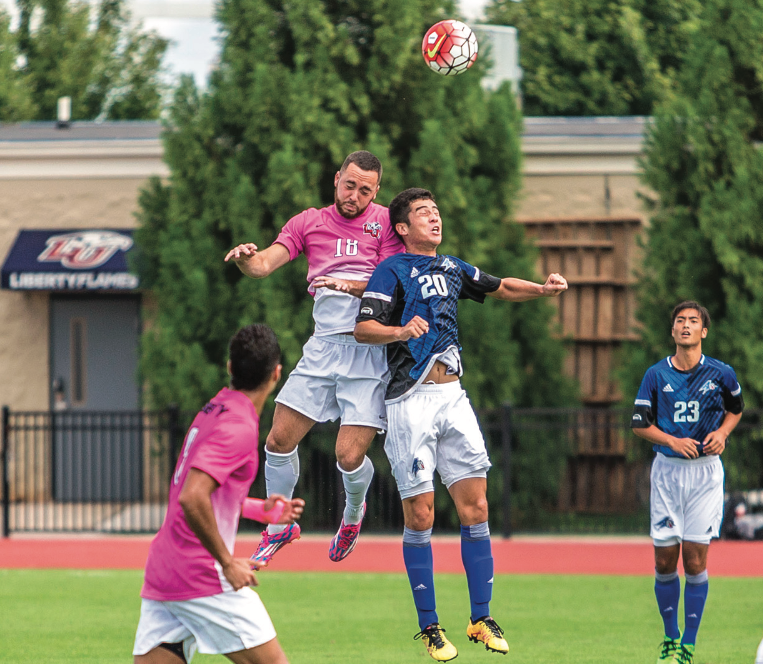 HEADER — Brady Mazzei showed off his hops going for the ball against Trenton Klatte of the Bulldogs. Photo credit: Caroline Sellers