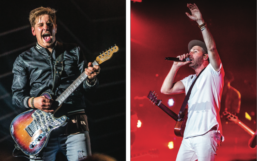JAMMIN’ — NEEDTOBREATHE guitarist Bo Rinehart (left) joined Mat Kearney (right), Welshly Arms and Parachute at the Vines Center Nov. 12 for the final show of their tour. Photo credit: Michela Diddle