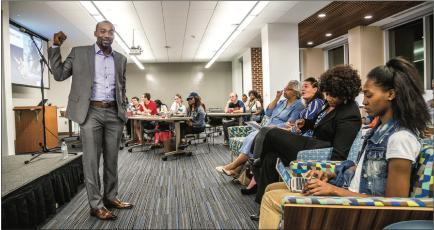 DISCUSSION — Linal Harris (left) spoke about achieving success, overcoming adversity and creating a change. Photo Credit: Rocky Srisupakporn