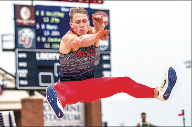 JUMP — Senior decathlete Zach Davis finished second overall with a final decathlon score of 5,819, and he won the discus and javelin events. Photo Credit: Kevin Manguiob