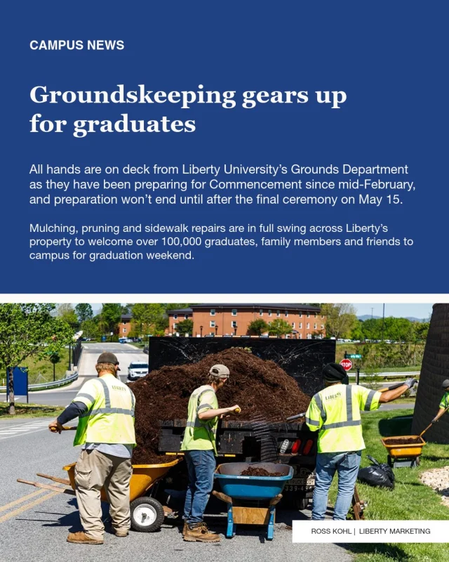 “We want to be sure our students and these 100,000 people that are going to be here in the next couple of weeks are safe,” Simpson said. “Now, we’ve always got things we can work on, but in general areas that we know are going to be … used quite a bit — we’re having to do quite a few repairs right now.” 

All hands are on deck from Liberty University’s Grounds Department as they have been preparing for Commencement since mid-February, and preparation won’t end until after the final ceremony on May 15. 

✍️ Lily Riden
📸 Ross Kohl
