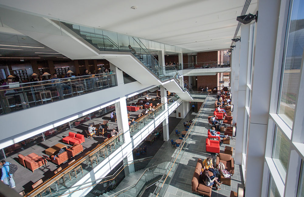 With four stories and 170,00 square feet of space, there is no shortage of cozy places to study in the extensive new library.