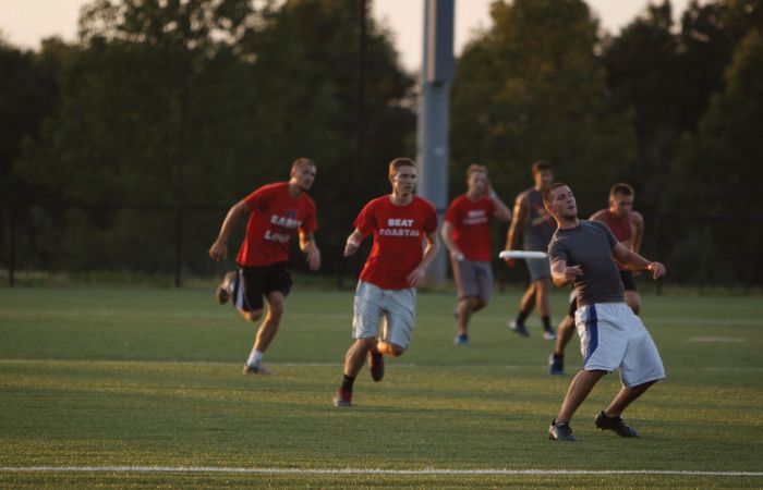 Liberty University students playing intramural ultimate frisbee.