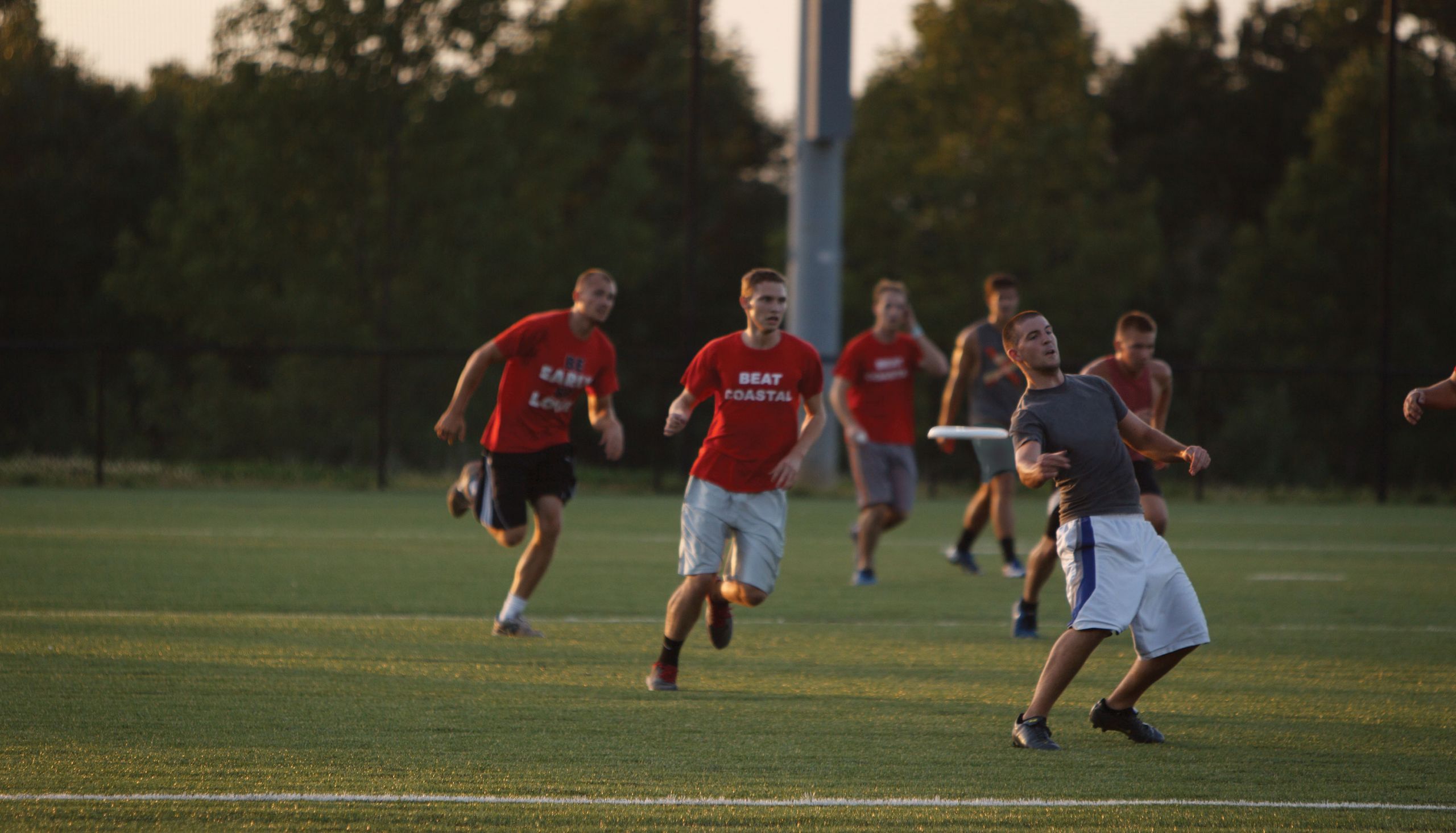 Liberty University students playing intramural ultimate frisbee.