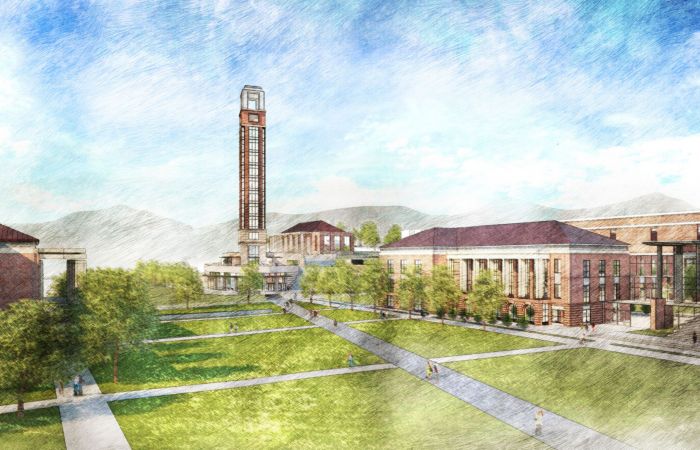 An artist’s rendering shows plans for a 252-foot tower near the upcoming expansion to the back of Arthur S. DeMoss Learning Center.