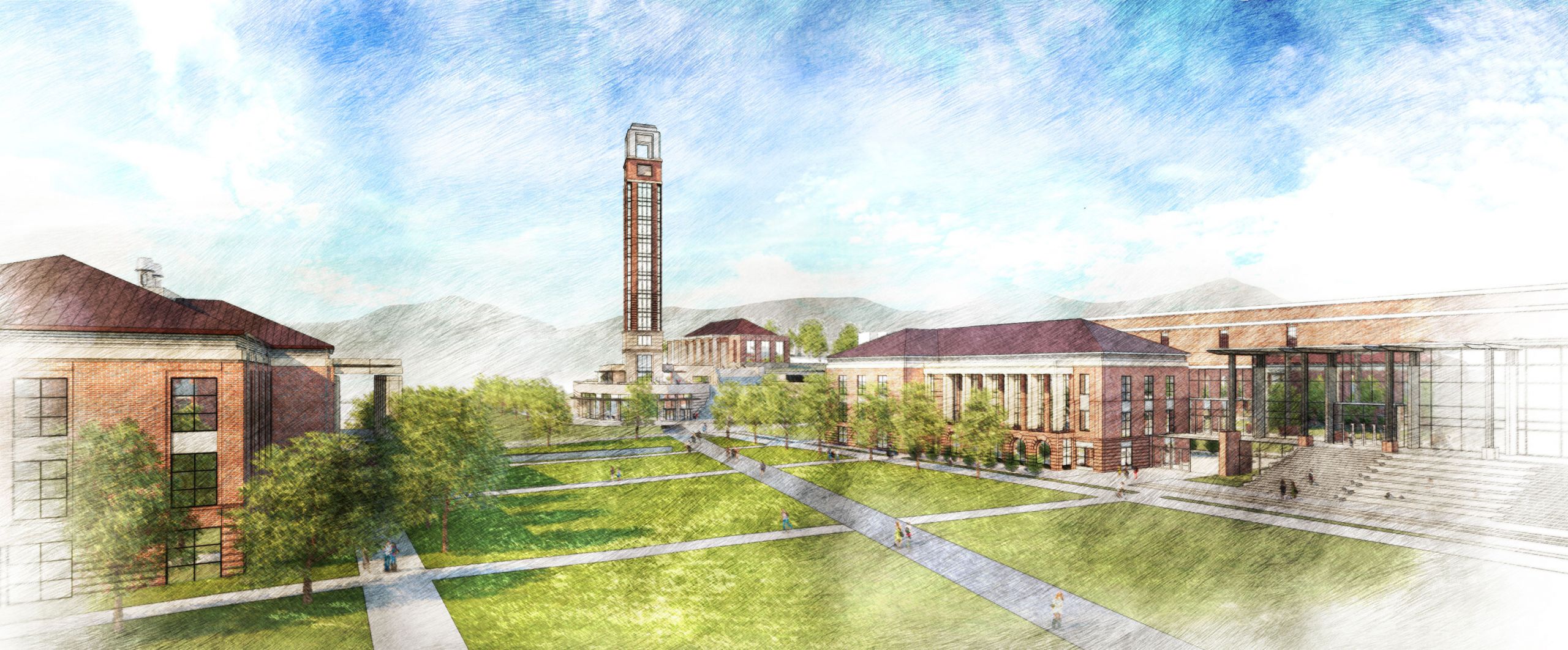 An artist’s rendering shows plans for a 252-foot tower near the upcoming expansion to the back of Arthur S. DeMoss Learning Center.