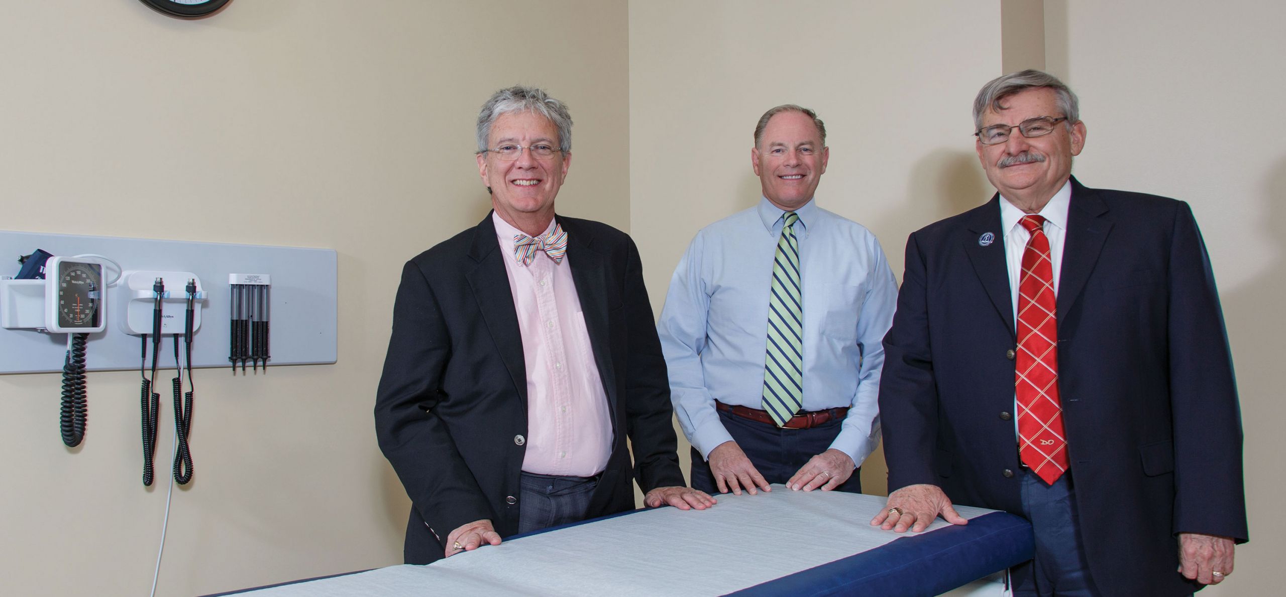 From left, Dr. Thomas Eppes, president of Central Virginia Family Physicians; Dr. Keith Metzler, lead physician at the Liberty Mountain Medical Group (LMMG); and Dr. Ronnie Martin, dean of Liberty University College of Osteopathic Medicine, stand in one of LMMG’s exam rooms.