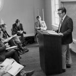 1975 - Dr. Carl Diemer, currently the director of the Master of Divinity program at Liberty Baptist Theological Seminary, teaches in the upstairs lobby of the old Thomas Road Baptist Church.