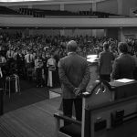 Chapel service during opening week of classes in 1975 at the Old Thomas Road Baptist Church. (