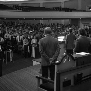 Chapel service during opening week of classes in 1975 at the Old Thomas Road Baptist Church. (