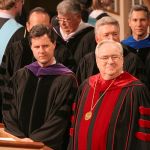 Chancellor Jerry Falwell and his son Jerry Falwell, Jr. stand together at the Baccalaureate ceremony at Thomas Road Baptist Church on May 13, 2005.