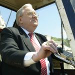 2007 - Chancellor Jerry Falwell, Sr. places one of the sections of the pedestrian tunnel that would allow students to cross underneath U.S. 460 and access all parts of the campus safely.