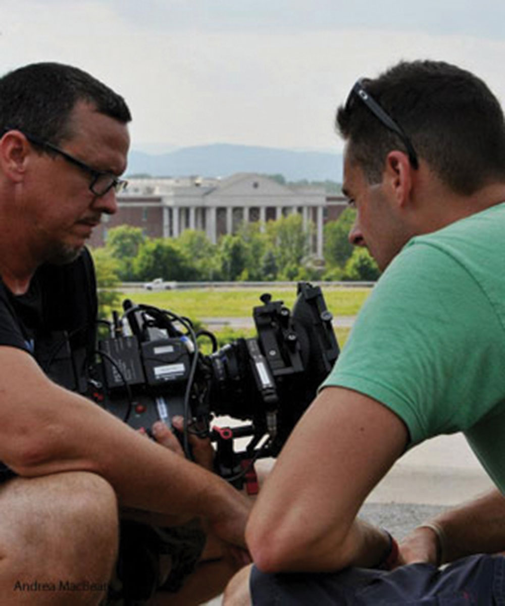Crew for the upcoming film “Finding Faith” utilize Liberty’s camera equipment as they prepare a shot on campus. 
