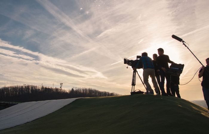 Liberty University film students work on a project at Snowflex.