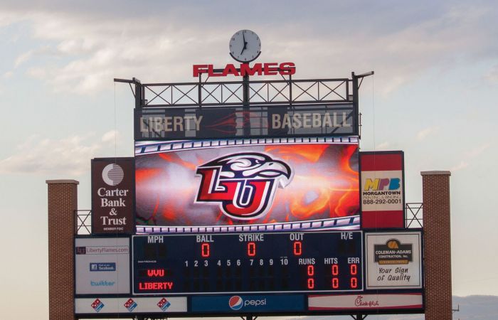 The Liberty Flames baseball scoreboard.