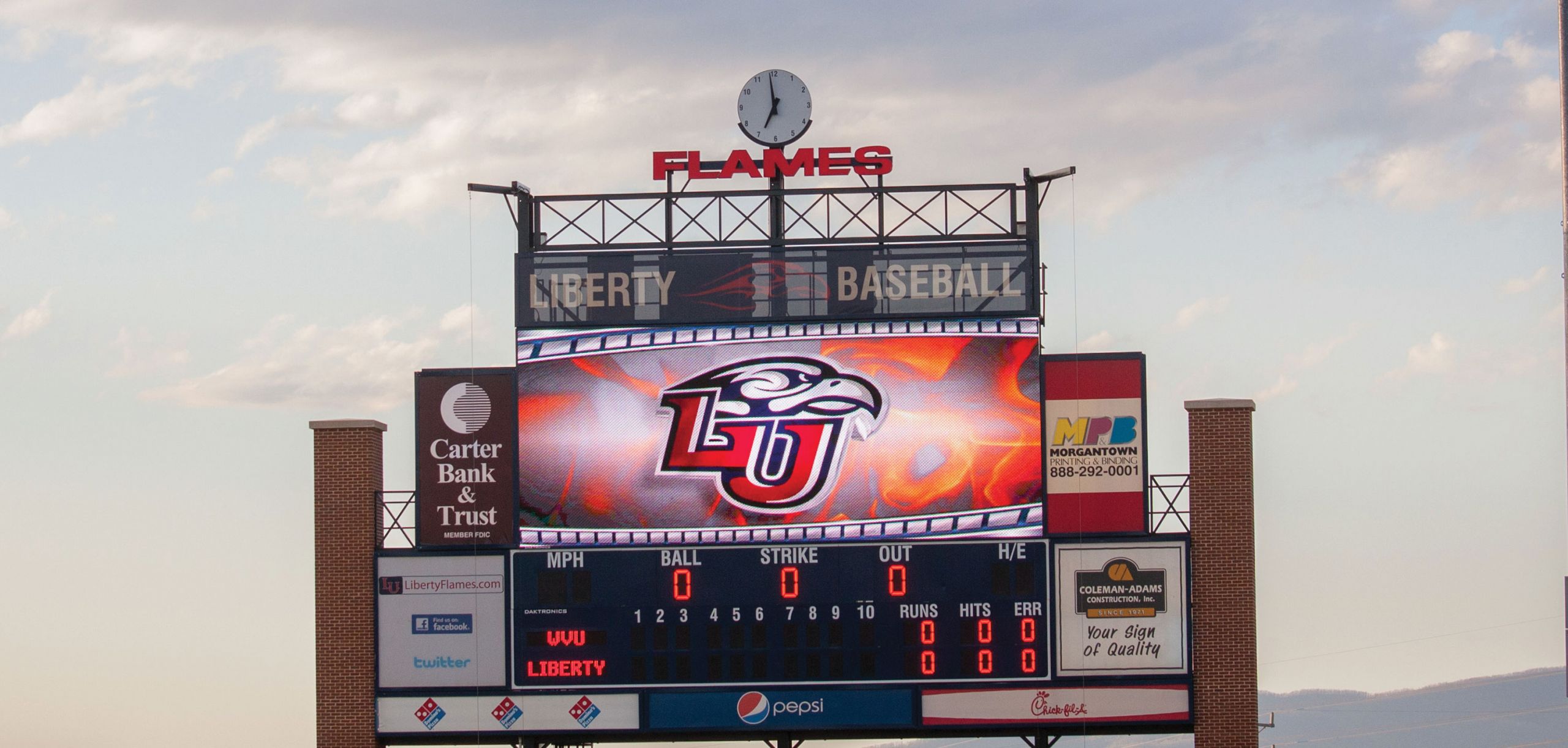 The Liberty Flames baseball scoreboard.