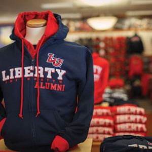 A Liberty Alumni hoodie on display at the campus bookstore.