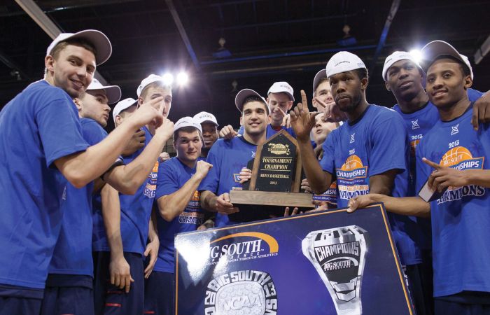 Liberty men's basketball celebrates winning the Big South Championship.