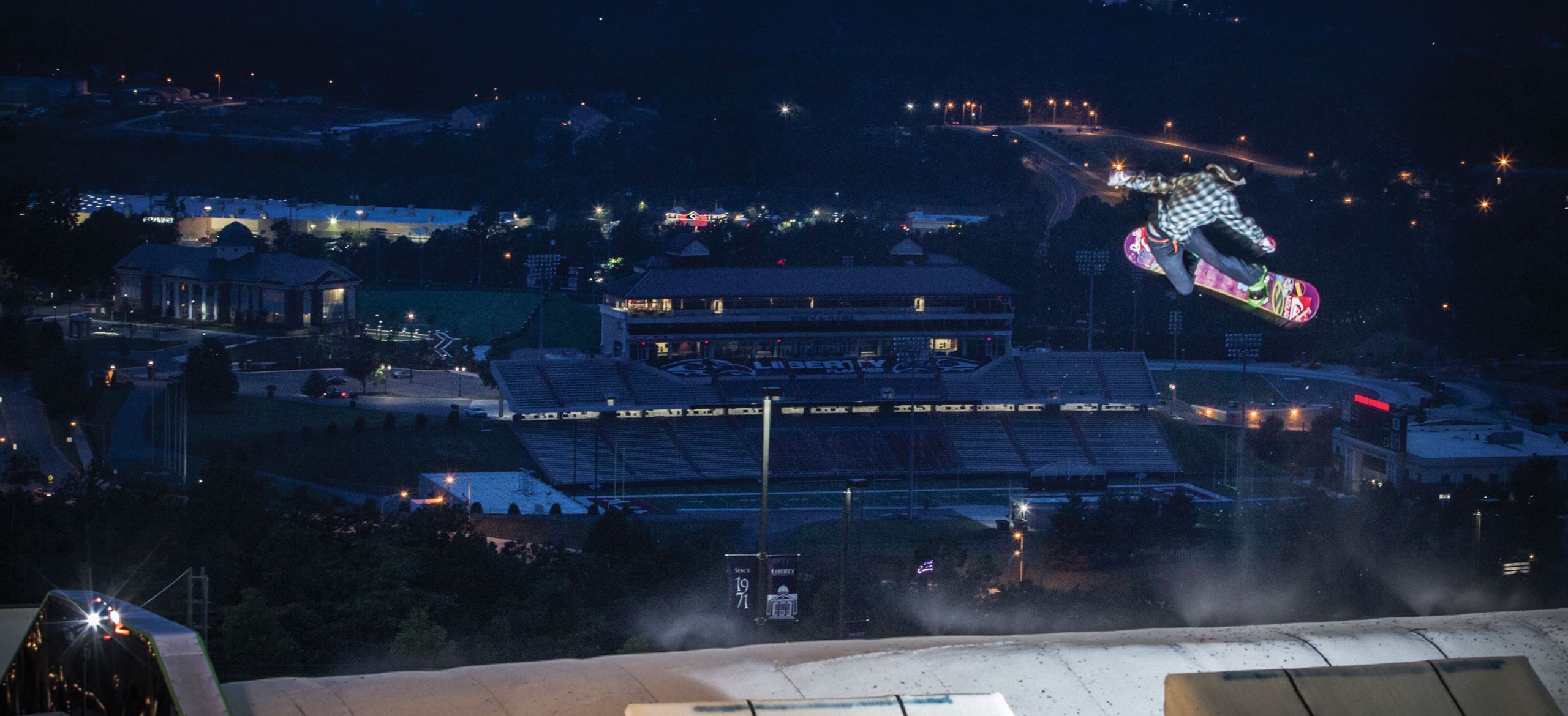 A boarder gets air at Liberty Mountain Snowflex Centre.