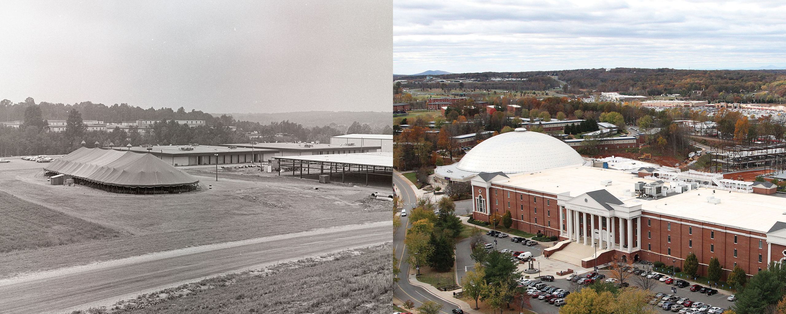 A then/now split of Liberty's campus.