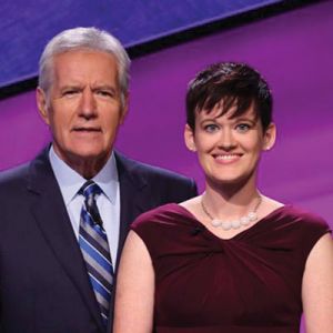 Catherine Hardee with Alex Trebek on the set of "Jeopardy!"