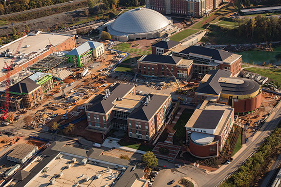An aerial view showing construction progress on Liberty’s Academic Commons.