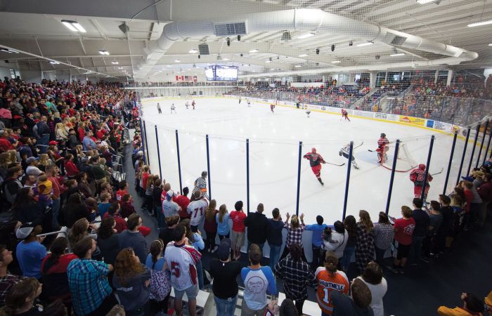 Liberty University's ACHA DI men's hockey team takes the ice in front of a record crowd during the grand re-opening of the expanded and renovated LaHaye Ice Center.