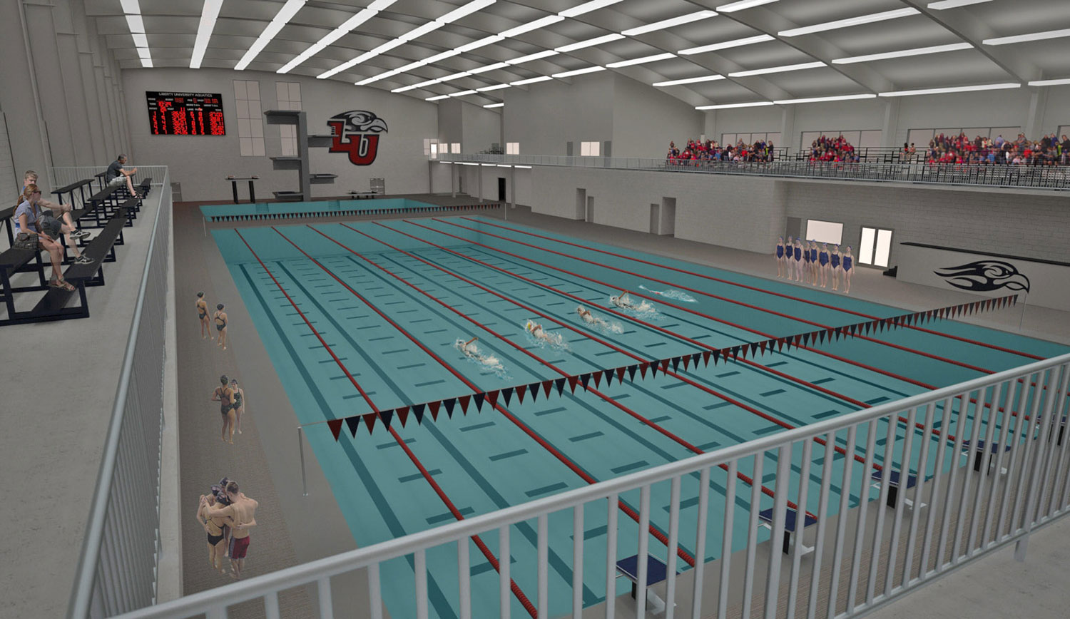 The eight-lane, 50-meter pool with a consistent depth of nine feet will have the capability of being divided into 20 lanes of 25 yards in length for short-course practice.
