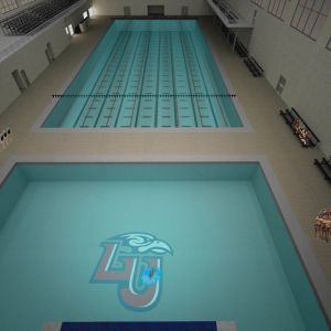 An inside view of the forthcoming LU Natatorium from the perspective of the 10-meter diving platform overlooking the 17-foot-deep diving well and the 50-meter Olympic-distance long-course pool.