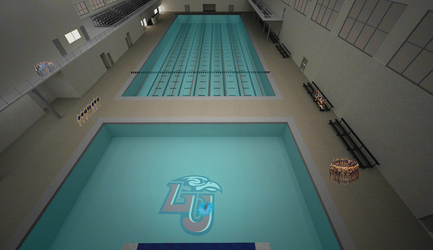 An inside view of the forthcoming LU Natatorium from the perspective of the 10-meter diving platform overlooking the 17-foot-deep diving well and the 50-meter Olympic-distance long-course pool.