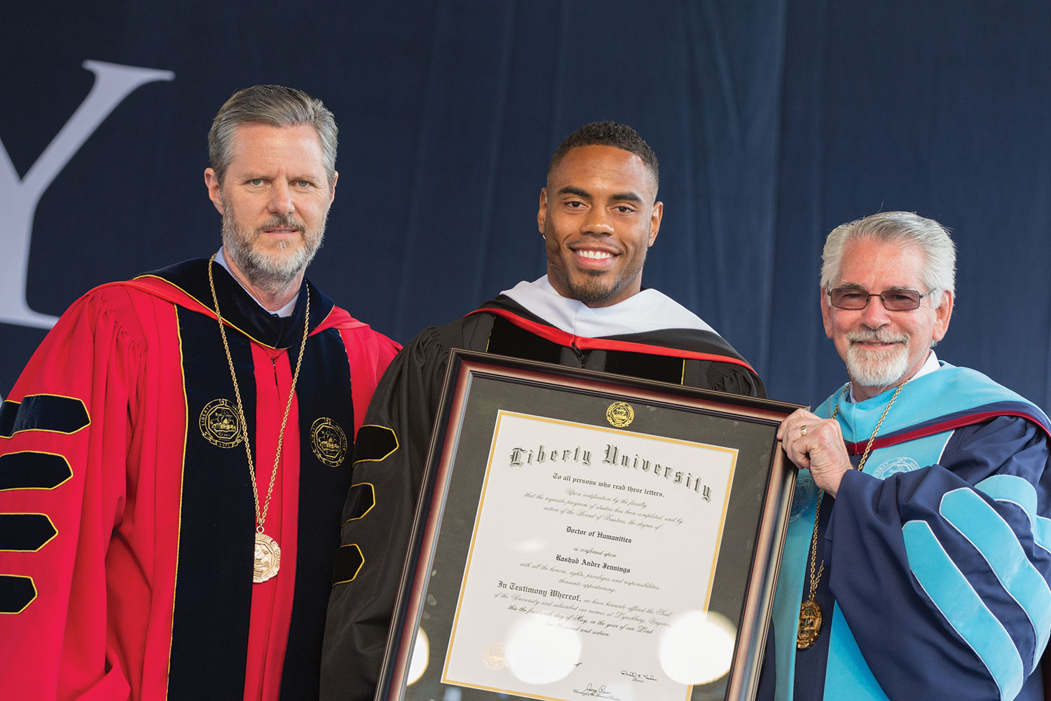 Rashad Jennings (’09), NFL running back and philanthropist, is awarded an Honorary Doctor of Humanities.