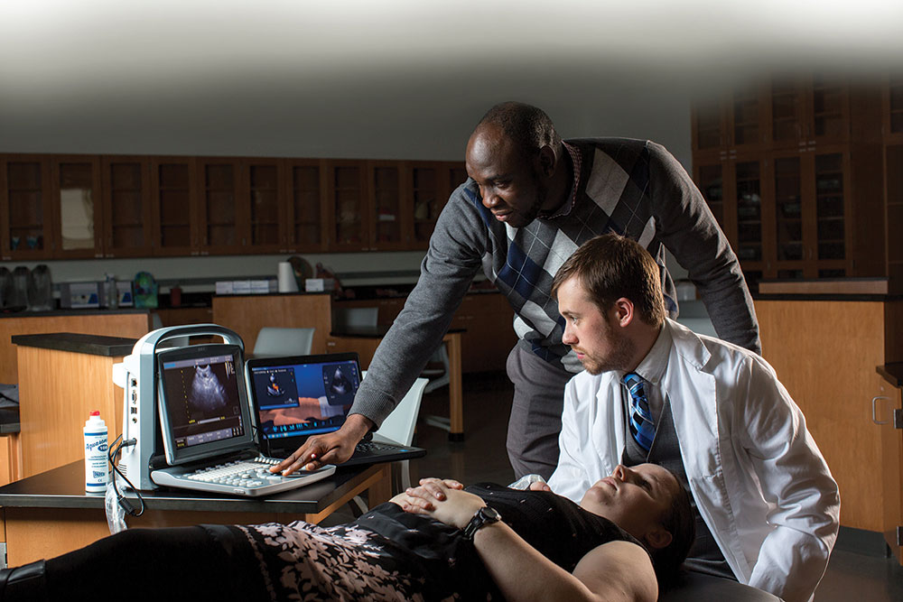Dr. Ben Kalu, an assistant professor of biology, mentors graduate biomedical sciences student Joseph Gosnell on the use of ultrasound technology.