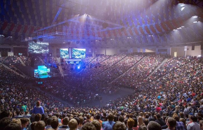 Liberty University students pack the Vines Center for Convocation.